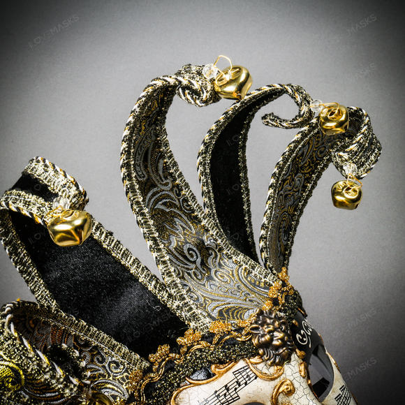 Jester Joker Venetian Musical Eye Mask with Bells - Black Gold - Picture 7 of 10